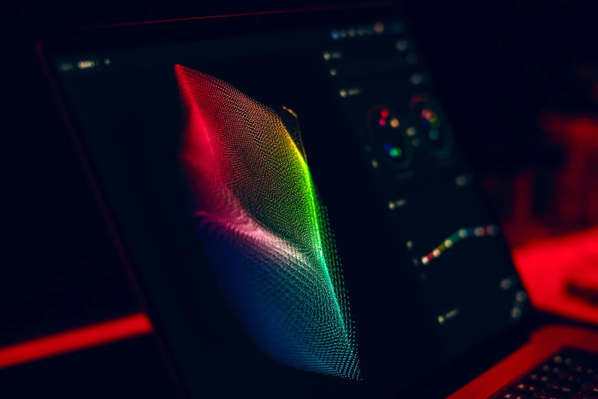 Vibrant abstract digital artwork with colorful geometric patterns representing AI-generated creative output